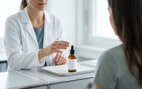 Ärztin in einer Schweizer Praxis erläutert einer Patientin sachlich die Anwendung von Dronabinol Tropfen als Teil einer medizinischen Cannabistherapie