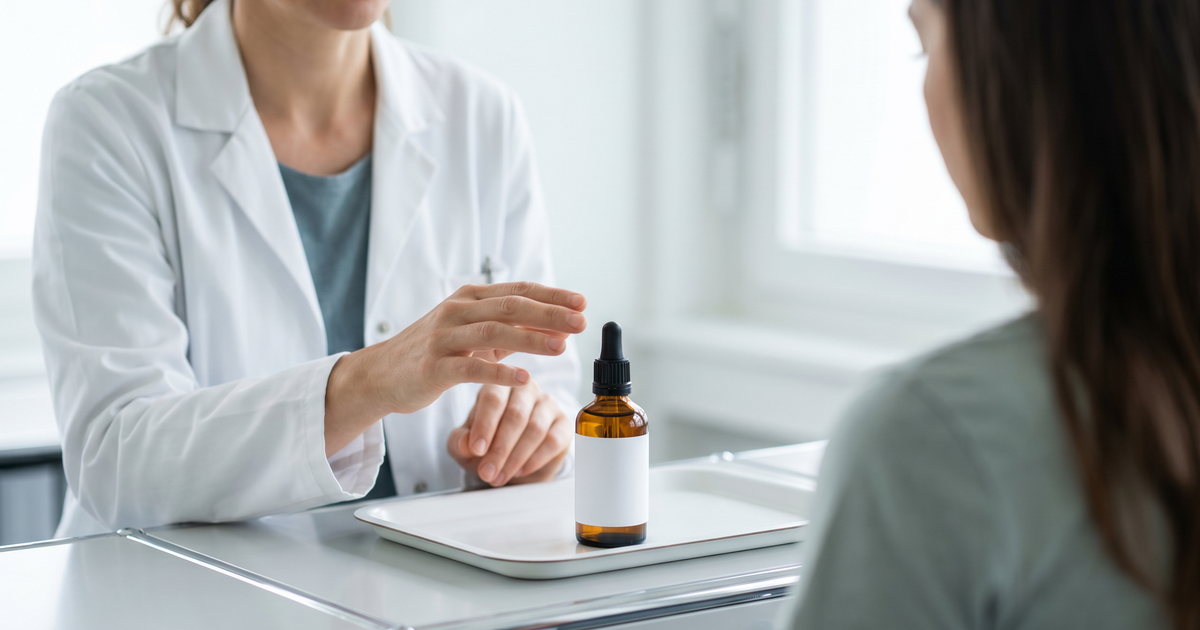 Ärztin in einer Schweizer Praxis erläutert einer Patientin sachlich die Anwendung von Dronabinol Tropfen als Teil einer medizinischen Cannabistherapie