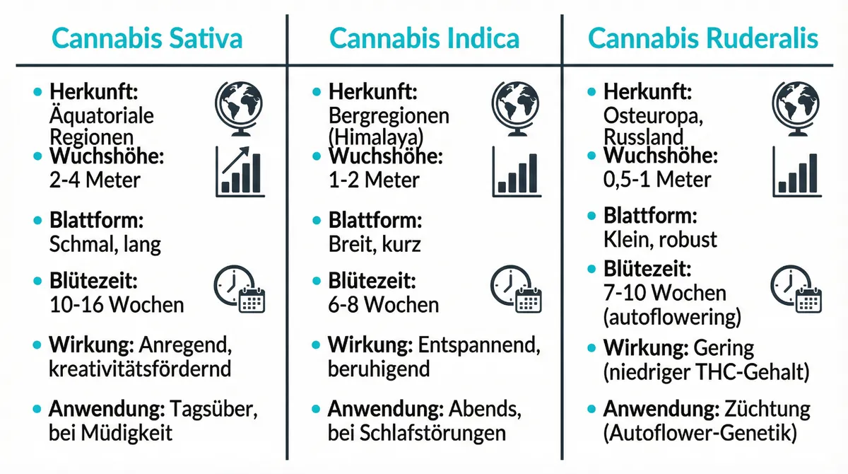 Übersicht über Sativa-, Indica- und Ruderalis-Abstammungslinien von Cannabis