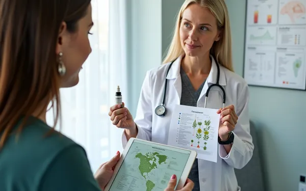 Ärztin in einer Schweizer Praxis erklärt einem Patienten anhand einer Grafik die Rolle des Terpens Pinen in der medizinischen Cannabis-Therapie