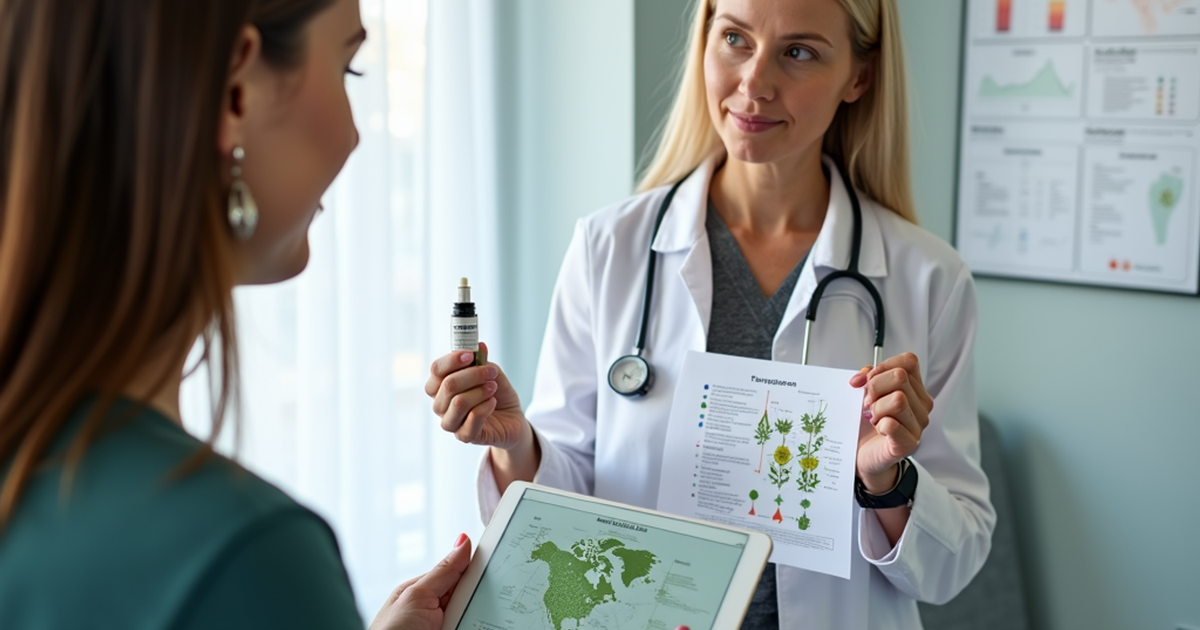 Ärztin in einer Schweizer Praxis erklärt einem Patienten anhand einer Grafik die Rolle des Terpens Pinen in der medizinischen Cannabis-Therapie