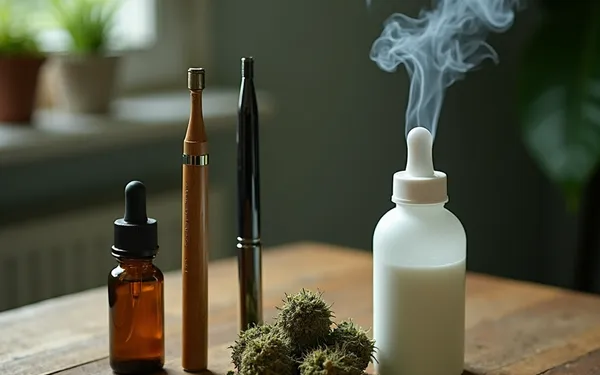 Joint, Vaporizer und medizinisch gekennzeichnete Cannabisflasche nebeneinander auf einem Tisch in einer Schweizer Praxisumgebung, neutral und sachlich dargestellt