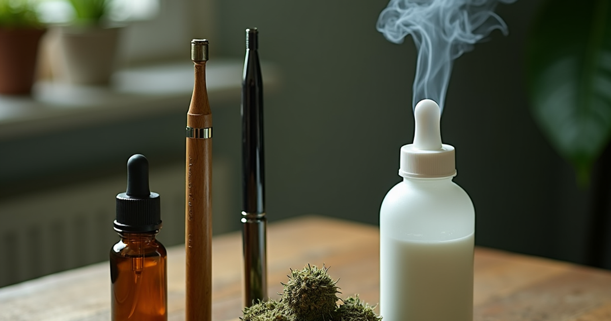 Joint, Vaporizer und medizinisch gekennzeichnete Cannabisflasche nebeneinander auf einem Tisch in einer Schweizer Praxisumgebung, neutral und sachlich dargestellt