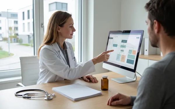 Ärztin bespricht eine strukturierte medizinische Cannabis-Therapie an einem Computer mit einer Patientin in einer modernen Schweizer Praxis