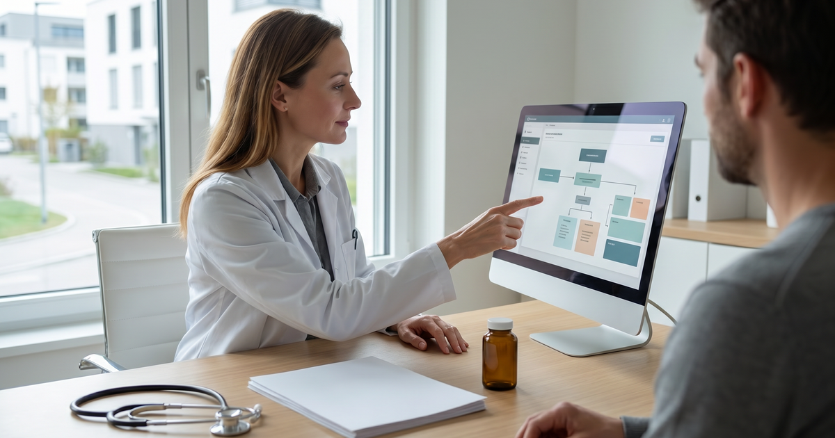 Ärztin bespricht eine strukturierte medizinische Cannabis-Therapie an einem Computer mit einer Patientin in einer modernen Schweizer Praxis