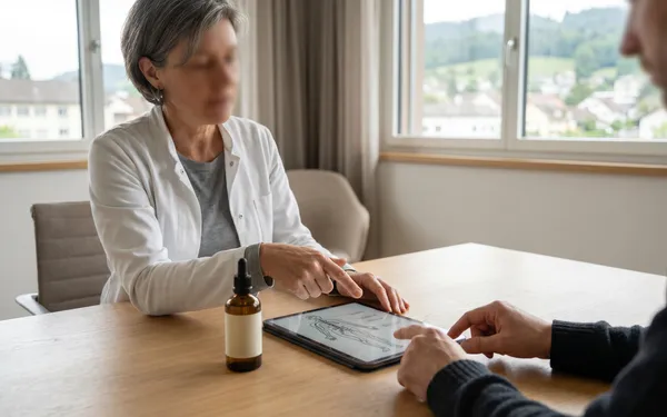 Ärztin und Patient in einer Schweizer Praxis besprechen den Einsatz von medizinischem Cannabisöl zur Schmerztherapie, mit Tropffläschchen und digitaler Verlaufsdokumentation auf dem Tisch