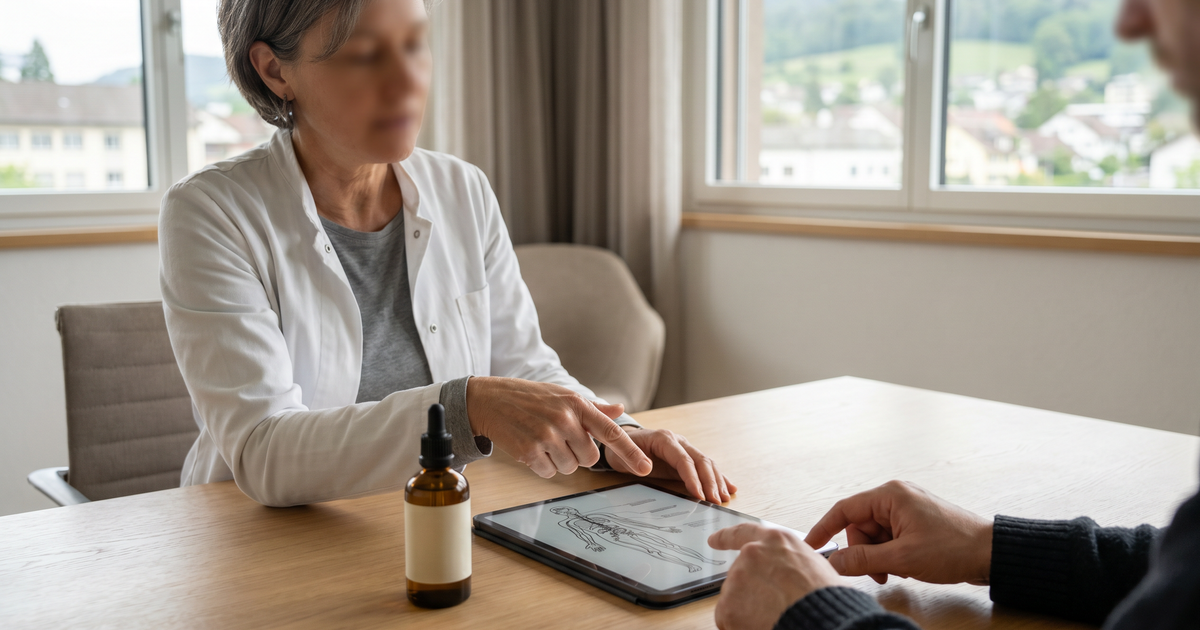 Ärztin und Patient in einer Schweizer Praxis besprechen den Einsatz von medizinischem Cannabisöl zur Schmerztherapie, mit Tropffläschchen und digitaler Verlaufsdokumentation auf dem Tisch