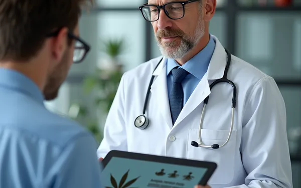 Ärztin in einer Schweizer Praxis erklärt einem Patienten am Tablet eine vollständig digital organisierte Cannabis-Therapie mit Apothekenanbindung