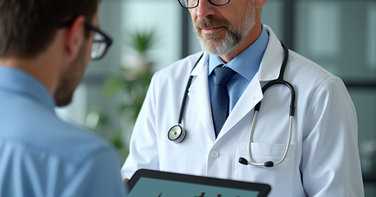 Ärztin in einer Schweizer Praxis erklärt einem Patienten am Tablet eine vollständig digital organisierte Cannabis-Therapie mit Apothekenanbindung