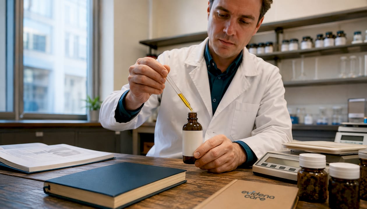 Eine Apothekerin dosiert Cannabisöl sorgfältig im Labor der Apotheke.