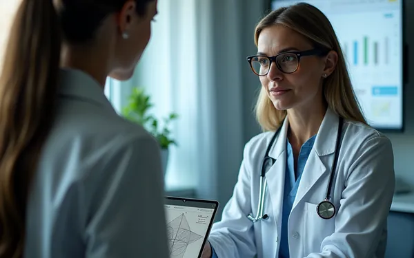 Ärztin in einer Schweizer Praxis erklärt einem Patienten anhand einer Grafik das CBD:THC-Verhältnis 10:1 in der medizinischen Cannabis-Therapie