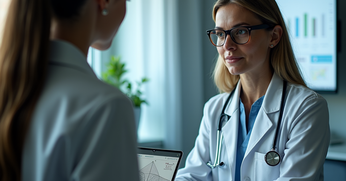 Ärztin in einer Schweizer Praxis erklärt einem Patienten anhand einer Grafik das CBD:THC-Verhältnis 10:1 in der medizinischen Cannabis-Therapie