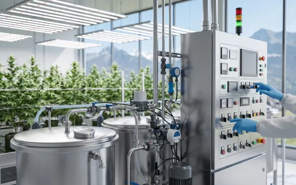 Modernes Cannabis-Gewächshaus mit technischen Düngesystemen, Tropfbewässerung und Sensorik in neutraler, medizinisch orientierter Darstellung