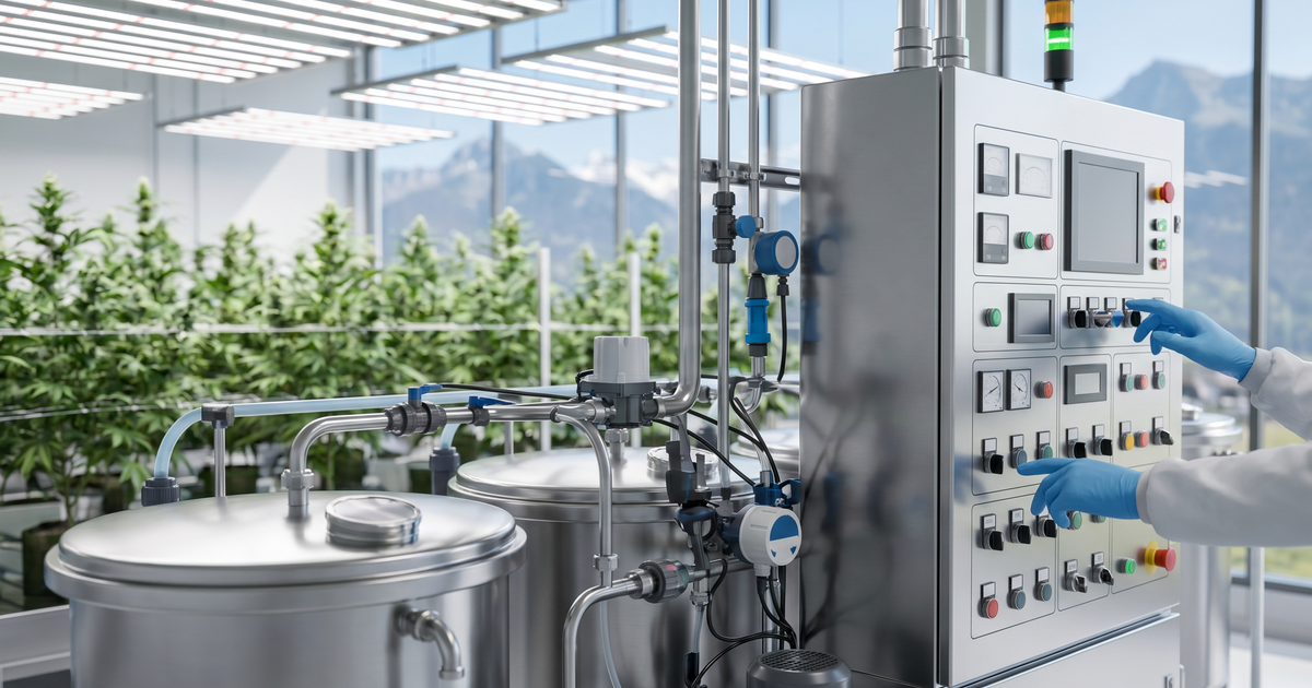 Modernes Cannabis-Gewächshaus mit technischen Düngesystemen, Tropfbewässerung und Sensorik in neutraler, medizinisch orientierter Darstellung