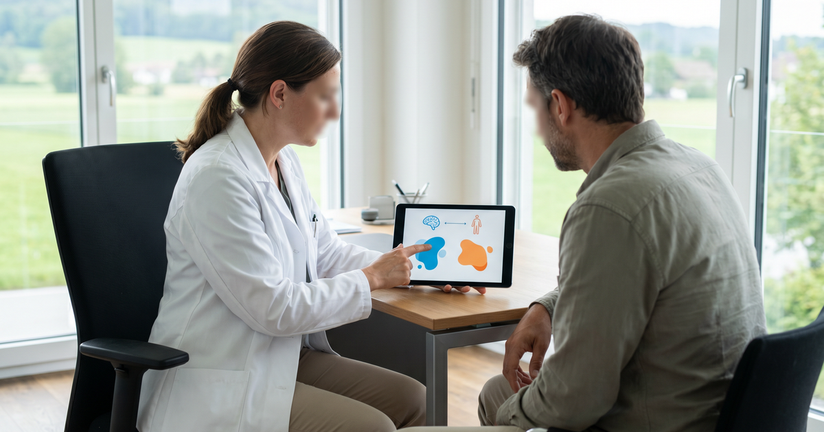 Ärztin erläutert einer Patientin in einer Schweizer Praxis die Unterschiede zwischen THC und CBD anhand einer schematischen Darstellung auf dem Bildschirm