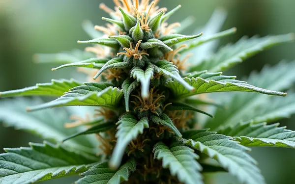 Makroaufnahme einer medizinischen Cannabisblüte mit dichtem Belag aus milchig und bernsteinfarben erscheinenden Trichomen, neutral und sachlich fotografiert