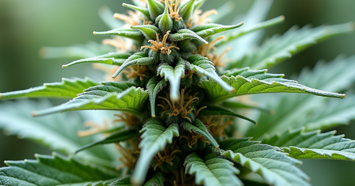 Makroaufnahme einer medizinischen Cannabisblüte mit dichtem Belag aus milchig und bernsteinfarben erscheinenden Trichomen, neutral und sachlich fotografiert