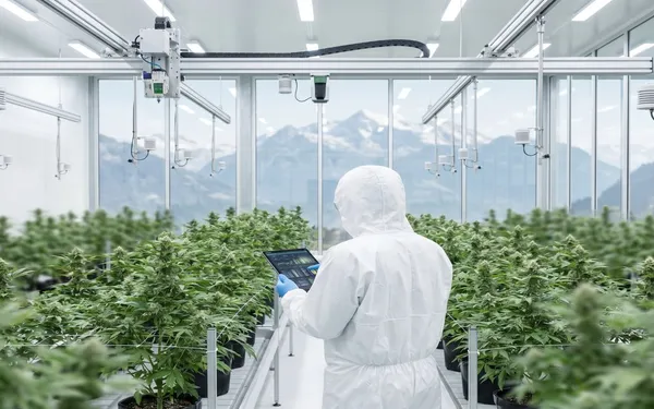 Automatisierter Indoor-Cannabis-Anbau für medizinische Zwecke mit LED-Licht, Sensoren und Klimasteuerung in einer professionellen Anlage in der Schweiz