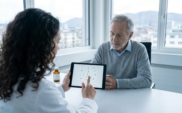 Ärztin in einer Schweizer Praxis erklärt einem Patienten anhand eines Schaubilds die medizinische Wirkung von CBD im Körper