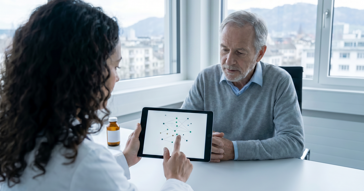 Ärztin in einer Schweizer Praxis erklärt einem Patienten anhand eines Schaubilds die medizinische Wirkung von CBD im Körper