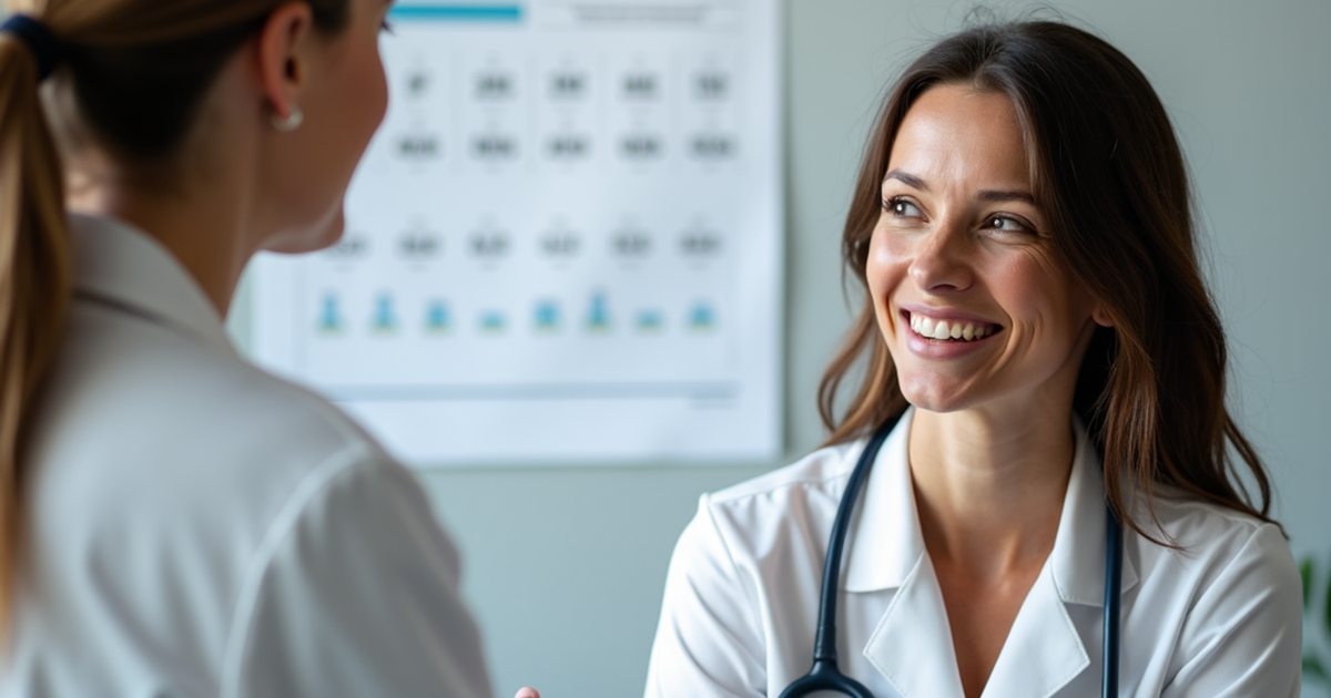 Ärztin in einer modernen Schweizer Praxis erklärt einer Patientin die mögliche Rolle von CBD im Rahmen einer medizinischen Cannabis-Therapie bei Stress