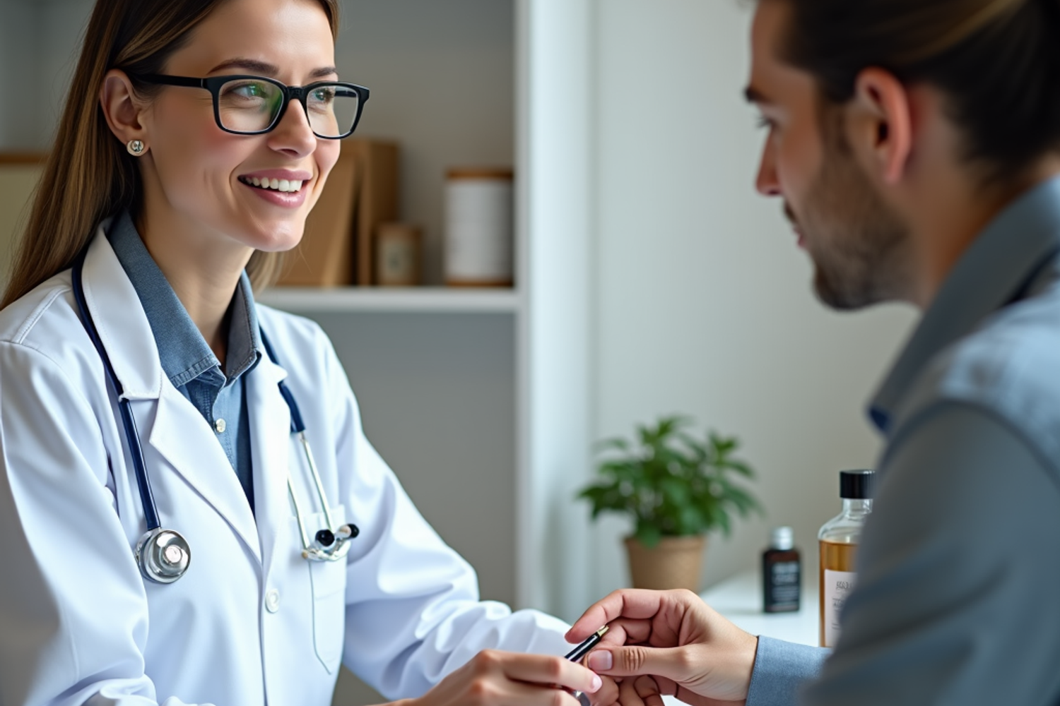 Schweizer Ärztin führt eine telemedizinische Beratung zur Cannabis-Therapie mit einem Patienten durch, mit medizinischen Grafiken zu THC und CBD im Hintergrund