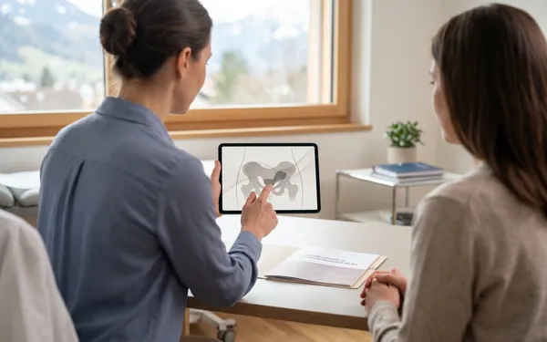 Ärztin in Schweizer Praxis erklärt einer Patientin mit Endometriose die möglichen Einsatzgebiete und Grenzen einer medizinischen Cannabis-Therapie anhand neutraler medizinischer Unterlagen
