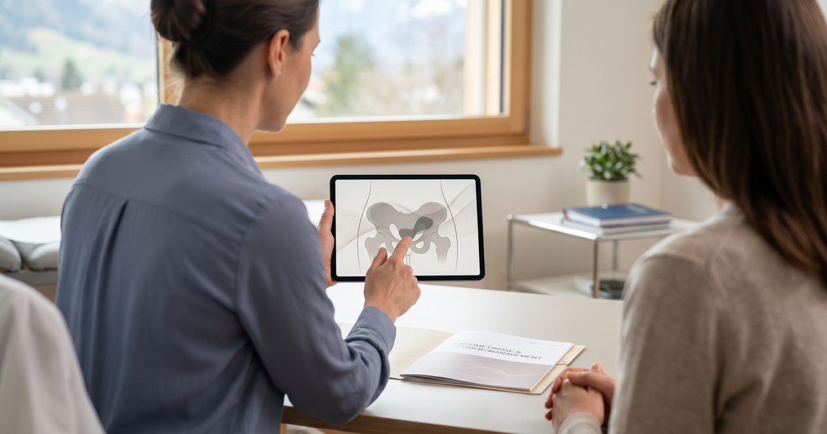 Ärztin in Schweizer Praxis erklärt einer Patientin mit Endometriose die möglichen Einsatzgebiete und Grenzen einer medizinischen Cannabis-Therapie anhand neutraler medizinischer Unterlagen