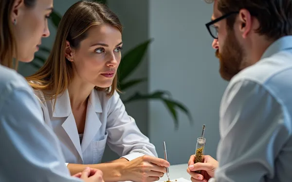 Ärztin in einer Schweizer Praxis erklärt einem Patienten mithilfe eines Diagramms die Terpenprofile und den Geruch von medizinischem Cannabis