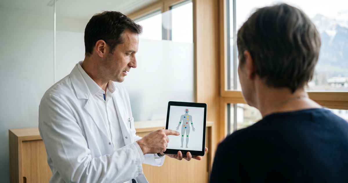 Ärztin in einer Schweizer Praxis erklärt einem Patienten die Wirkung und Anwendung von medizinischem Cannabis anhand von Unterlagen
