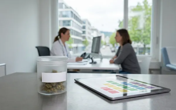Medizinischer Arbeitsplatz in der Schweiz mit Cannabisblüten im Apothekerglas, Vaporizer und Patientenakte zur Cannabistherapie