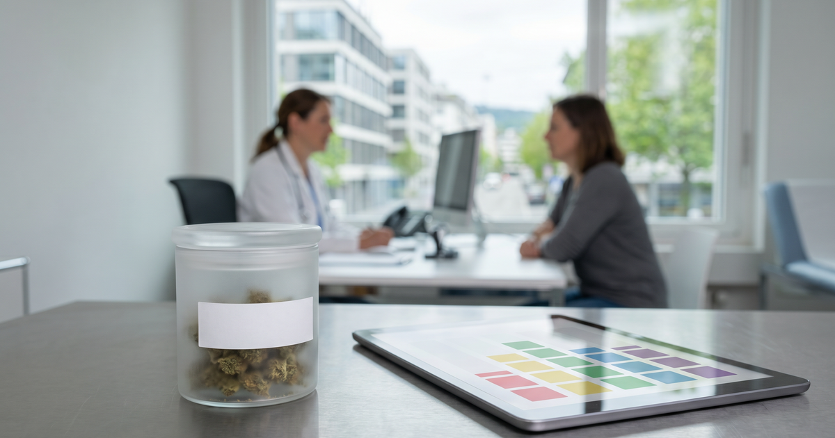Medizinischer Arbeitsplatz in der Schweiz mit Cannabisblüten im Apothekerglas, Vaporizer und Patientenakte zur Cannabistherapie