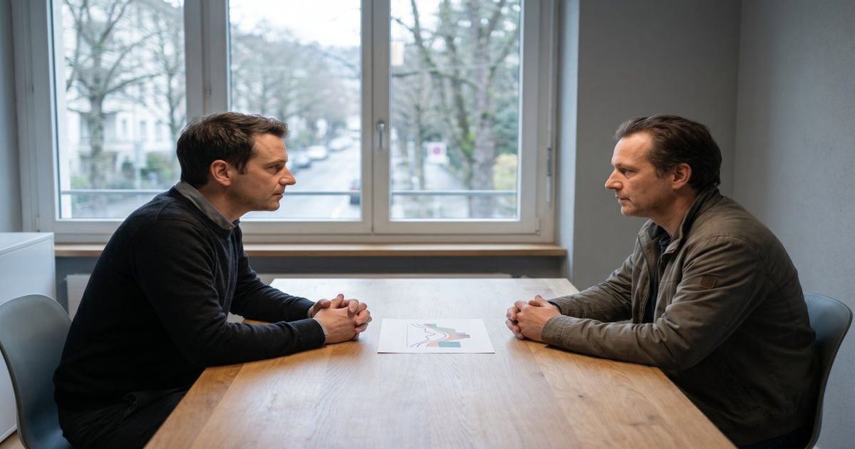 Psychiaterin in der Schweiz bespricht eine mögliche medizinische Cannabis-Therapie mit einem Patienten mit bipolarer Störung in einer modernen Praxisumgebung