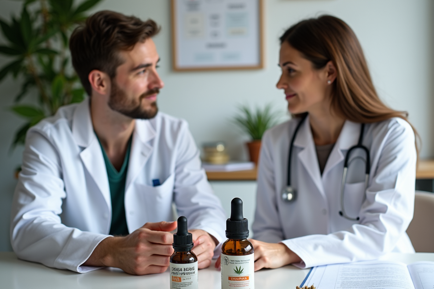 Ärztin in der Schweiz führt eine telemedizinische Videokonsultation zur Cannabis-Therapie mit einem Patienten am Laptop durch