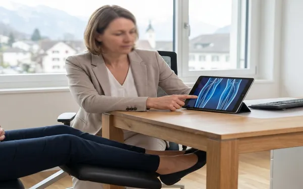 Ärztliche Beratung in einer Schweizer Praxis zur Cannabis-Therapie bei Restless-Legs-Syndrom mit digitalen Unterlagen auf einem Tablet