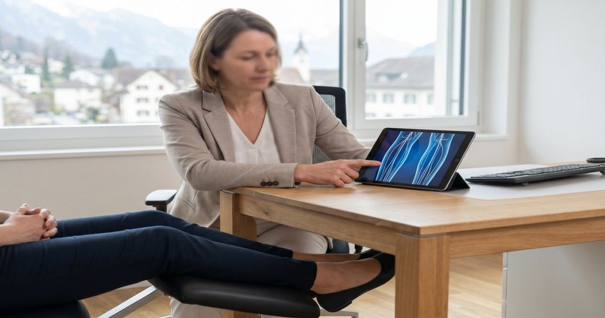 Ärztliche Beratung in einer Schweizer Praxis zur Cannabis-Therapie bei Restless-Legs-Syndrom mit digitalen Unterlagen auf einem Tablet