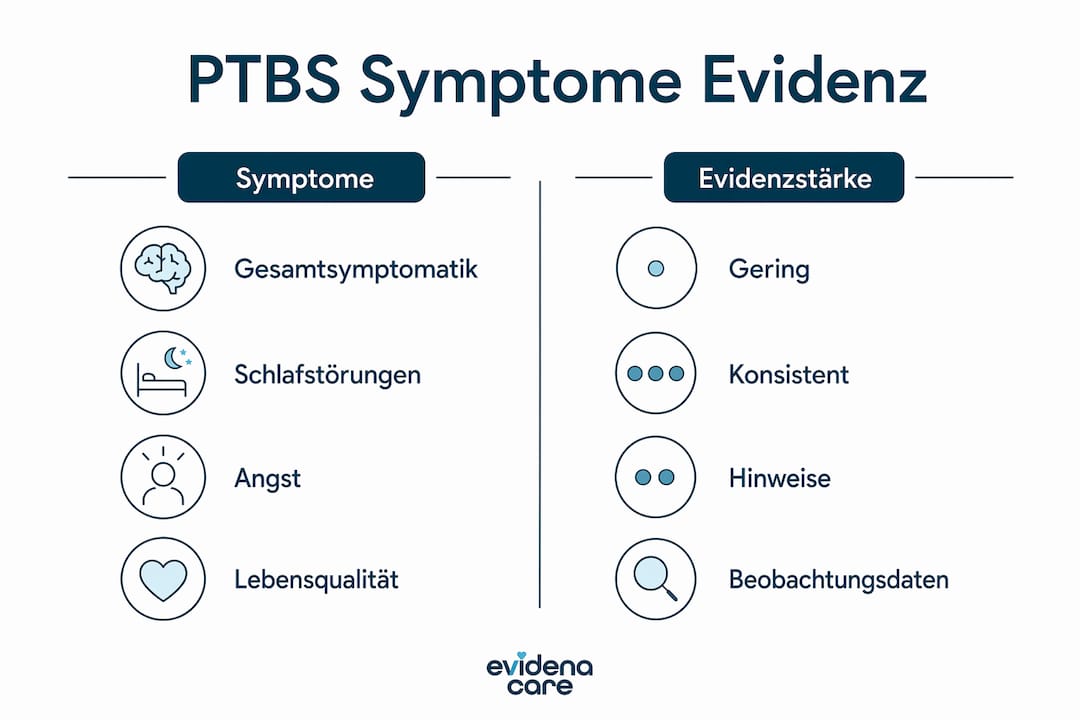 Die Infografik veranschaulicht, wie gut verschiedene Symptome einer PTBS wissenschaftlich belegt sind.