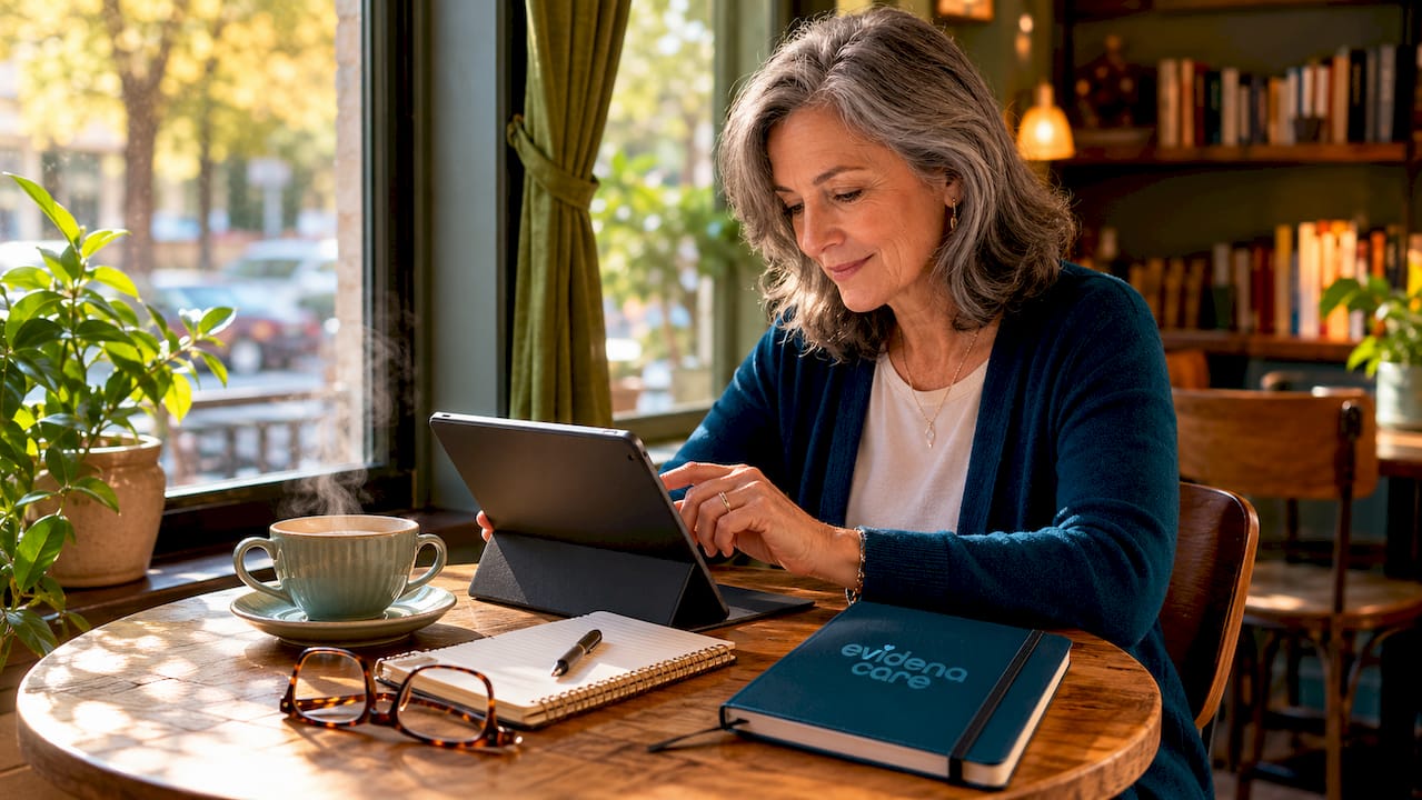Eine Seniorin sitzt gemütlich im Wohnzimmer und bedient ihr Tablet.